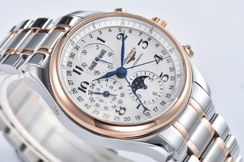 View 4 of Longines Master Collection Moonphase Chronograph Watch Silver Dial Two Tone Stainless Steel and Rose Gold Bracelet 42mm Case Classic Elegant Style