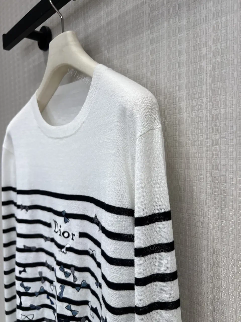 View 9 of White Knit Top Black Stripes Dior Floral Pattern Crew Neck Crop Top