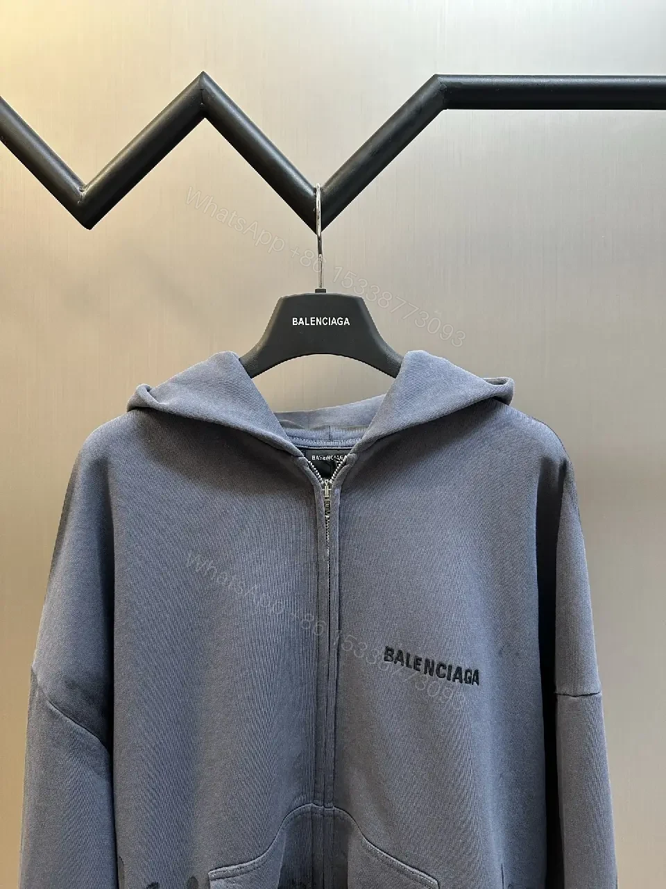 View 9 of Slate Cotton-Blend Zip Hoodie with Textured Pockets