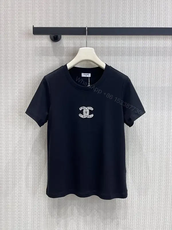 Black Cotton T-Shirt with Embroidered Logo Chanel Style Tee — view 1