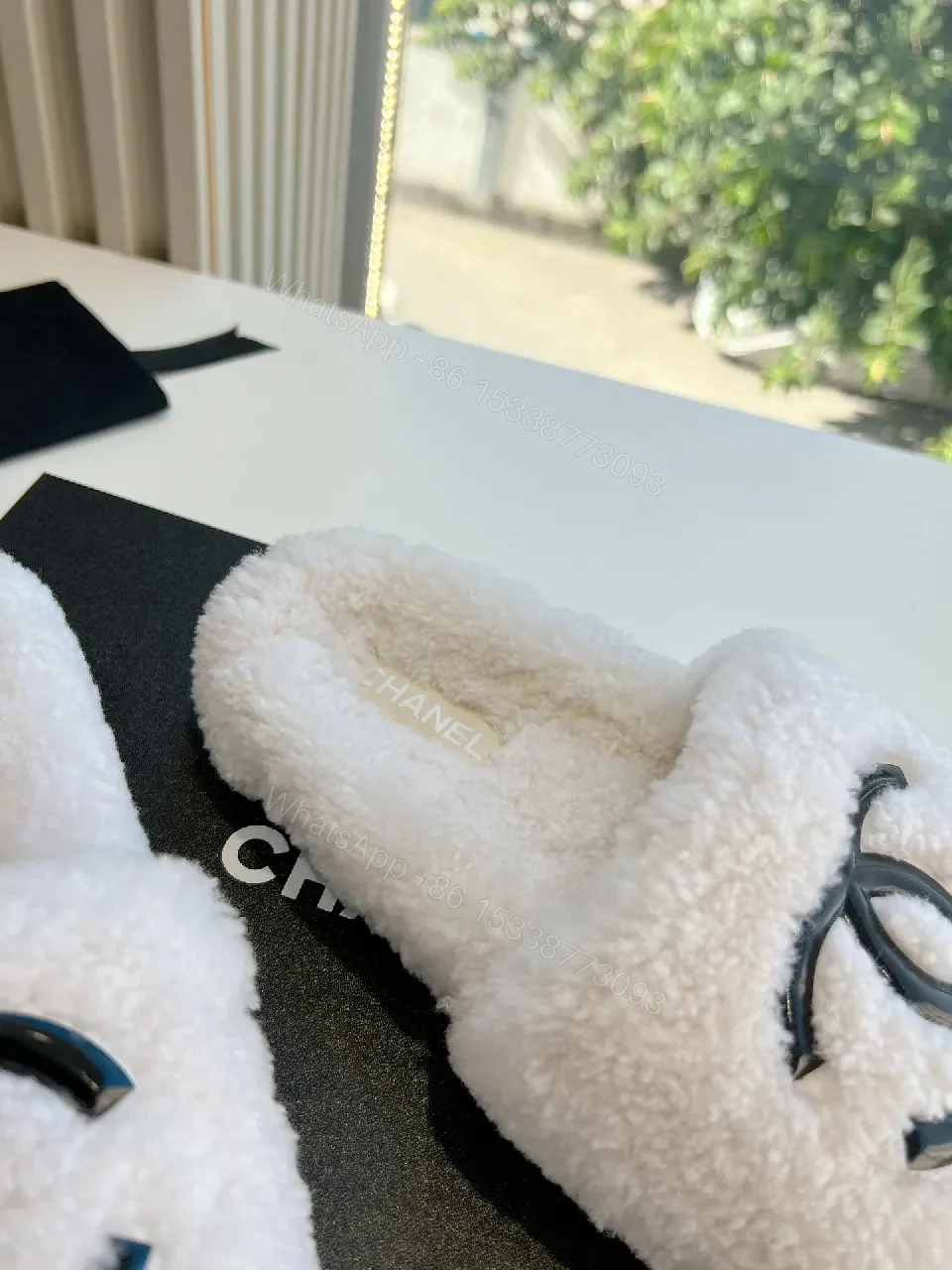 View 4 of White Fuzzy Slides with Logo Detailing, Luxe Comfort Slide