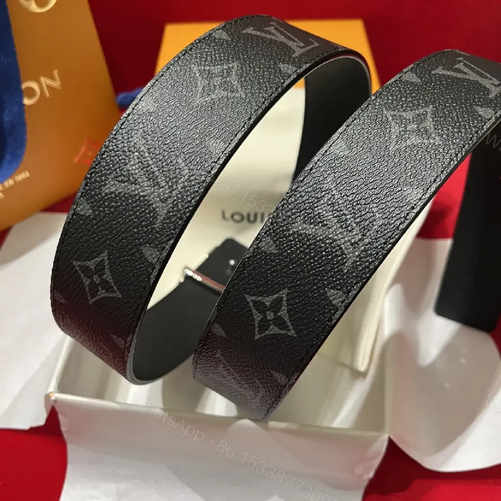 View 6 of Black Monogram Belt with Metallic LV Buckle, Modern Designer Style
