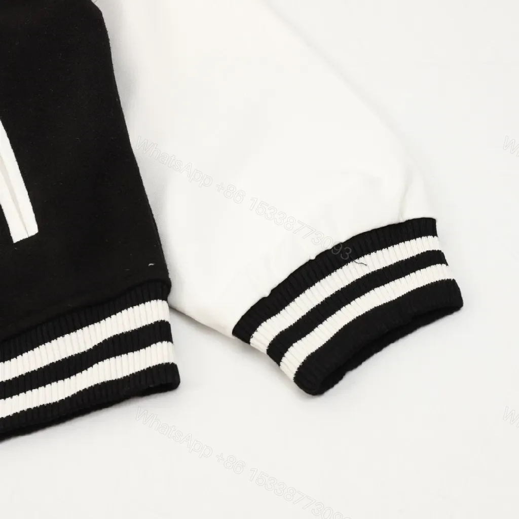 View 10 of Black & Ivory Varsity Jacket - Knit Outerwear, Contrast Sleeve, Signature Trim