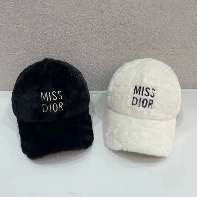 View 4 of Faux-Fur Ivory Cap: Miss Dior Script Luxury Baseball Cap