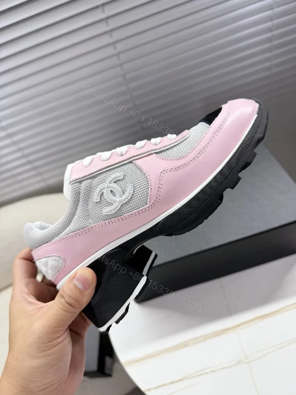View 2 of Pastel Pink Suede-White Mesh Sneaker with Black-Toe Cap