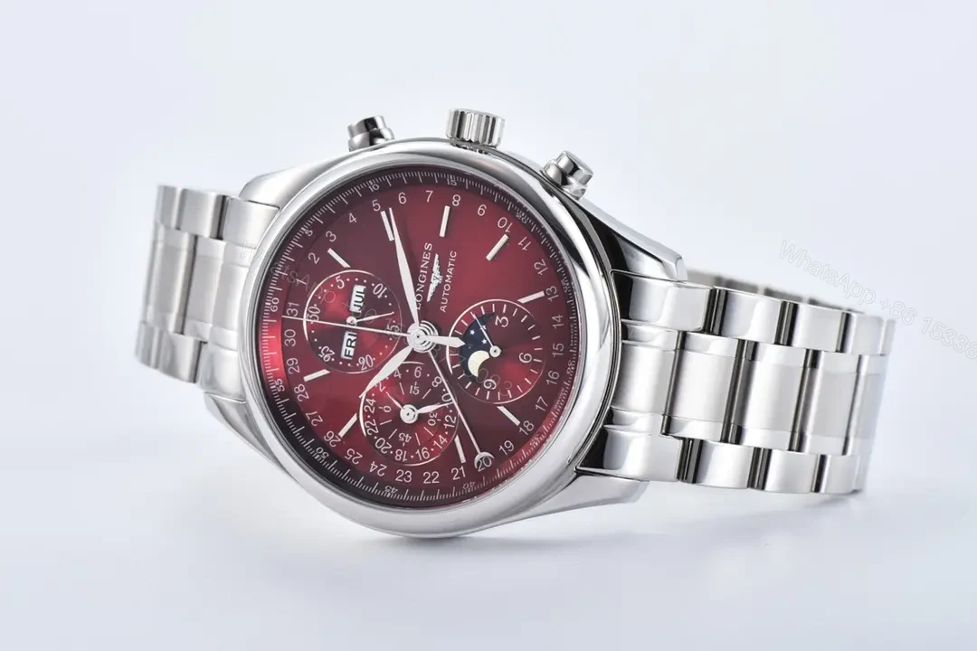 View 5 of Longines Master Collection Moonphase Chronograph Watch Red Dial Stainless Steel Bracelet 42mm Case