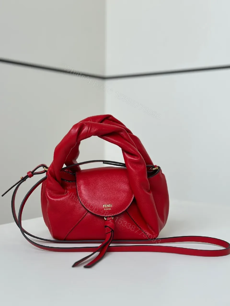 View 3 of Red Leather Knotted Mini Bag, Structured, Crossbody Ready