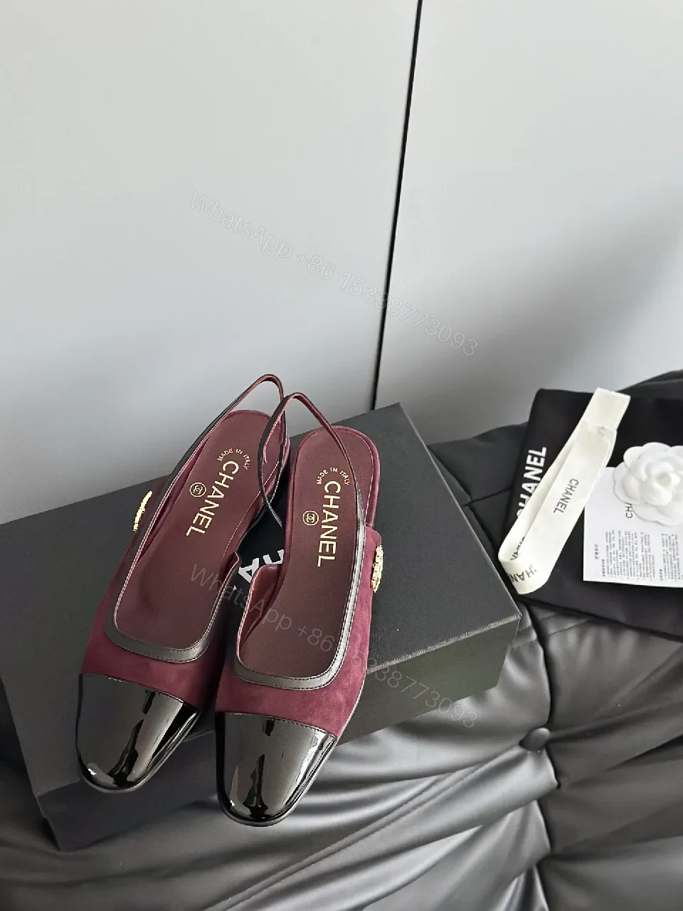 View 3 of Burgundy Suede & Patent Toe Slip-On Flats, Luxe Chic