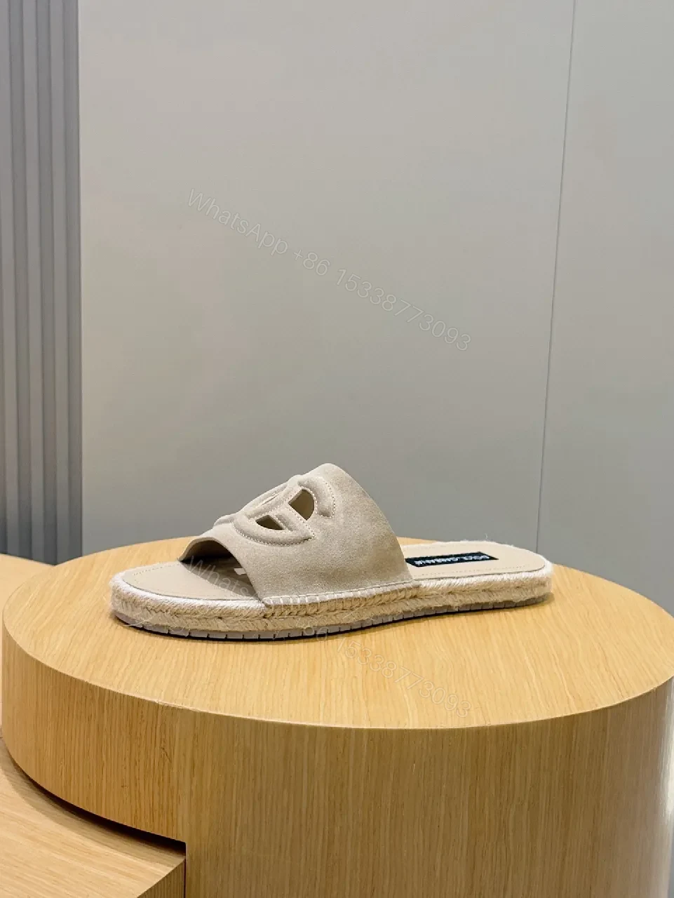 View 4 of Beige Suede-Texture Sandals + Logo Cut-Outs + Luxury Casual + Cushioned Footbed + Sandals