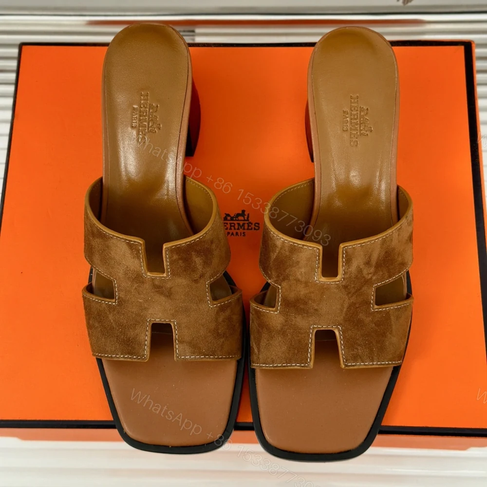 高仿Hermes*H232088ZA3經典H中踭拖鞋羊京面料棕色5CM免檢版 — view 1