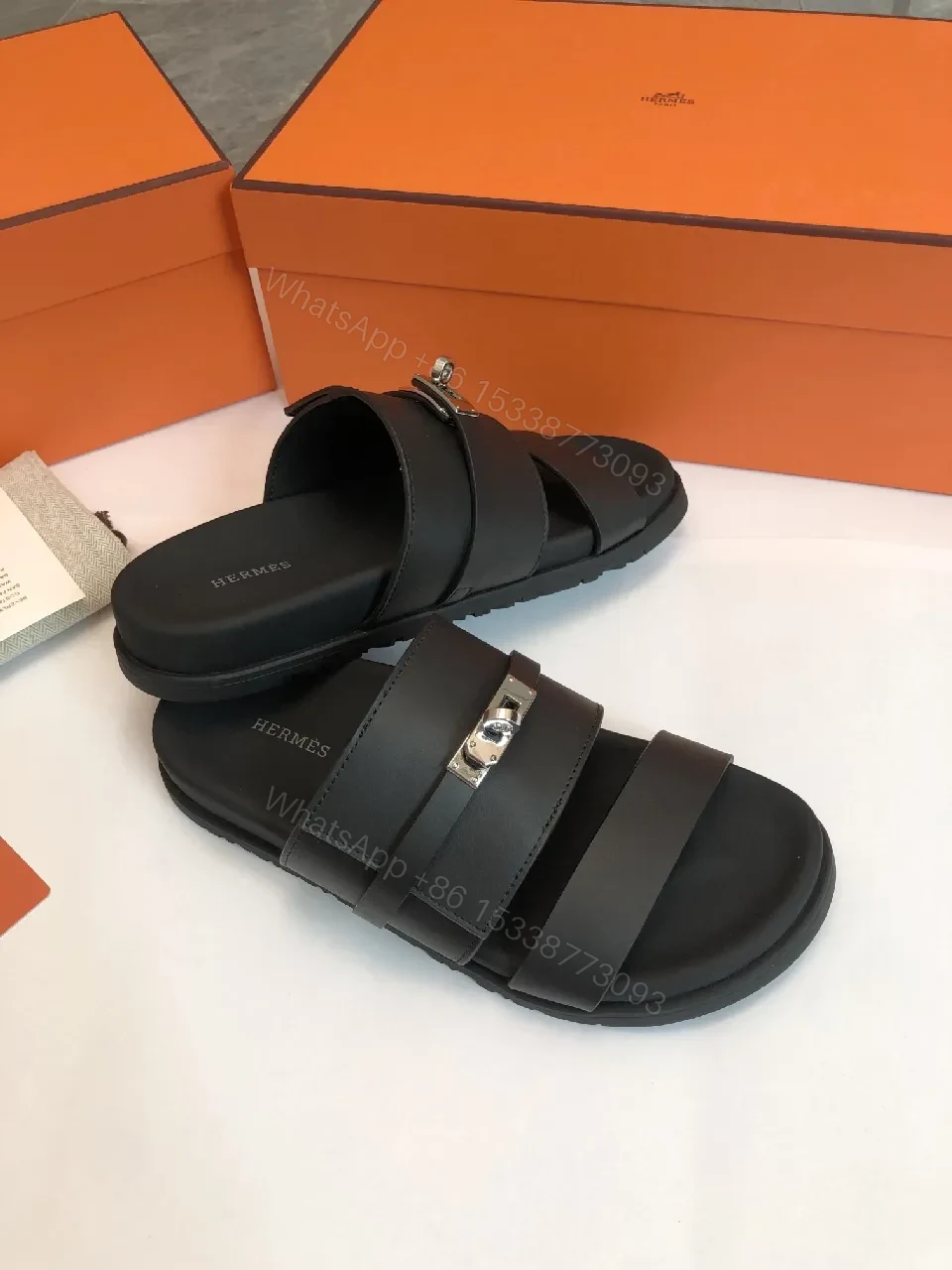 View 6 of Matte Black Leather Sandals with Signature Hardware