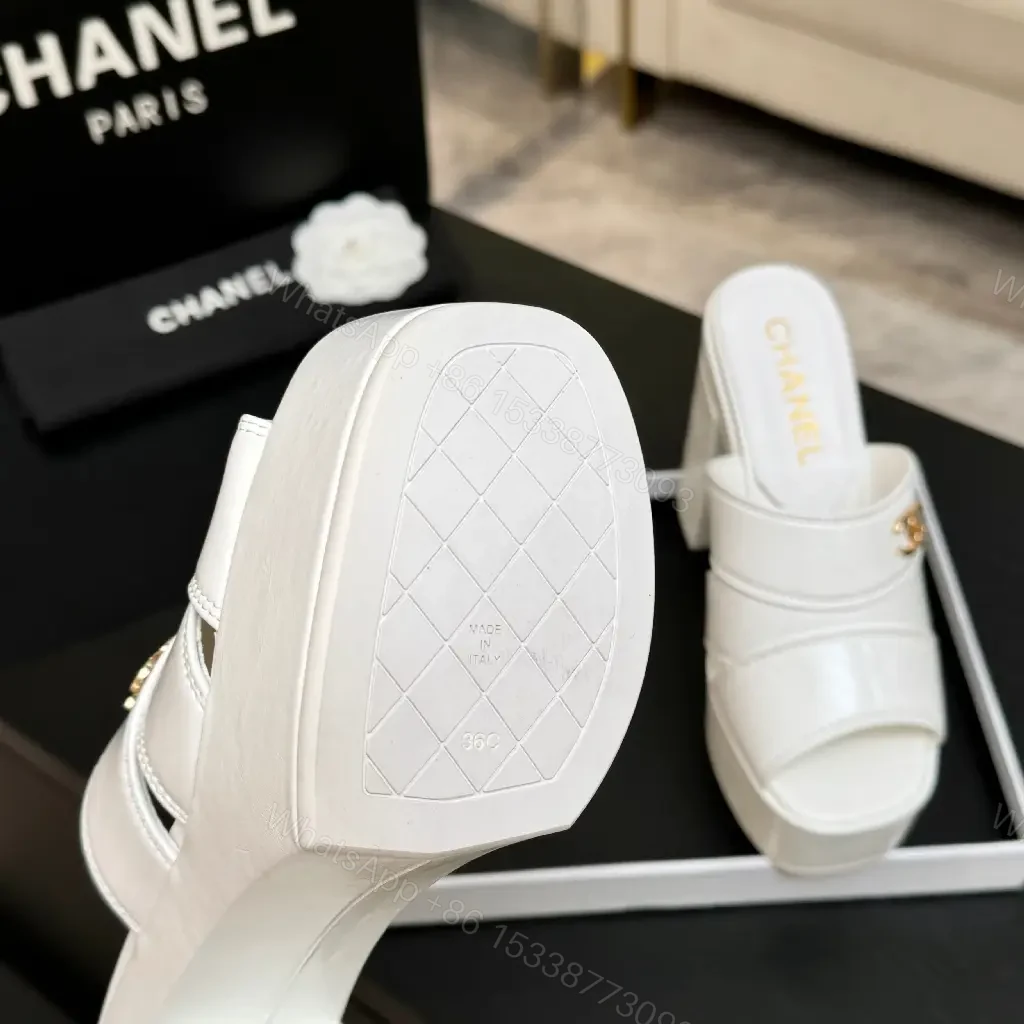 View 3 of White Patent Platform Mules, Chunky Heel, Triple-Strap Style