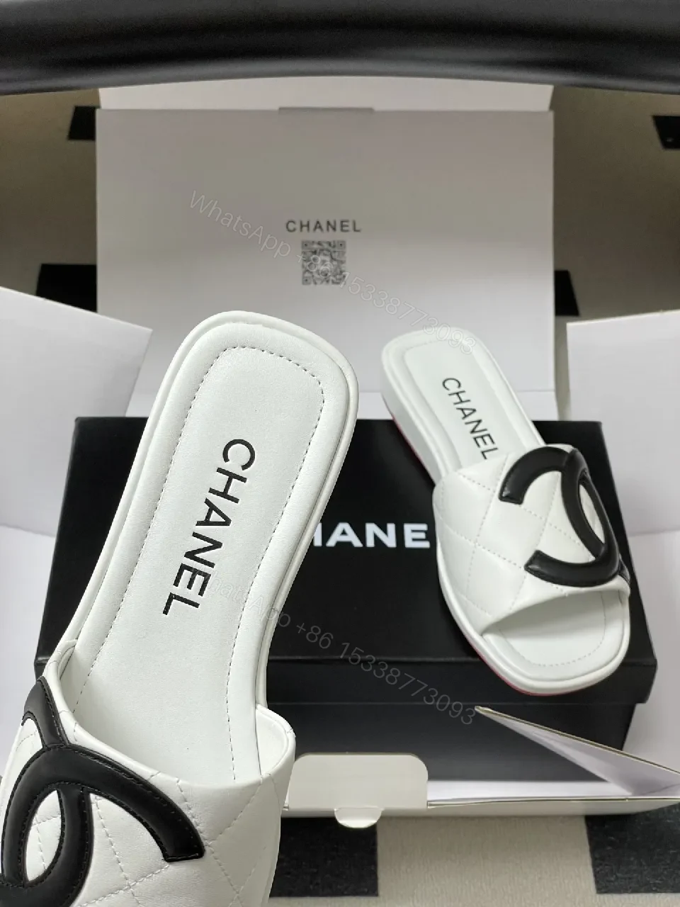 View 2 of White Quilted Leather Slide with Interlocking Logo, Premium Comfort