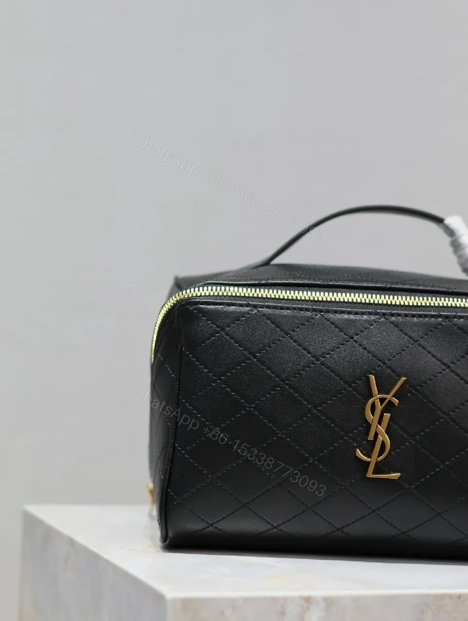 View 6 of Compact Black Quilted Leather Vanity Bag with Gold Monogram