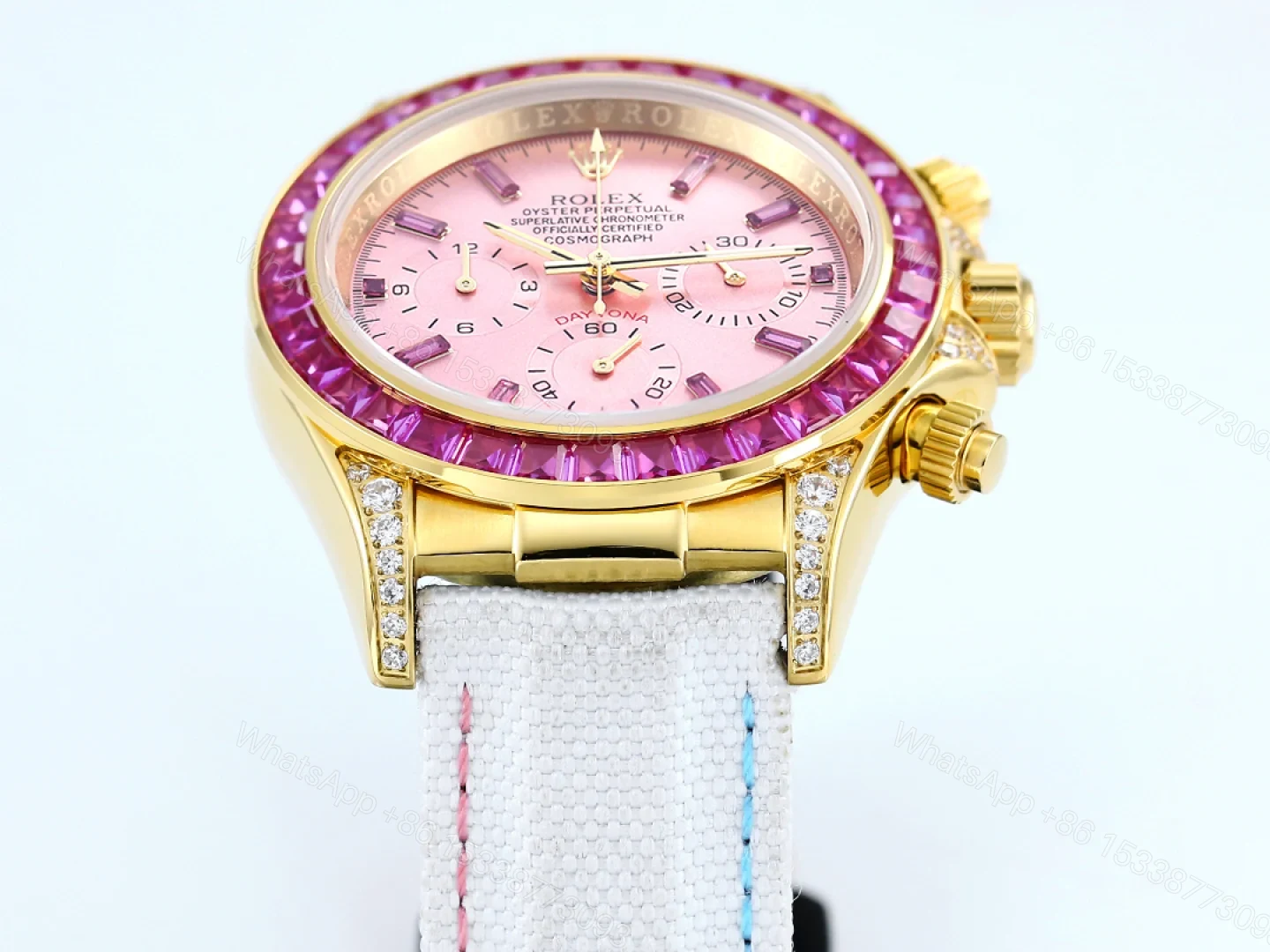 View 2 of Rolex Daytona Pink Ruby White Strap Replica 43MM Exclusive Gold Case Edition RG-ROLEX-DAYTONA-PINK-RUBY-WHITE-43