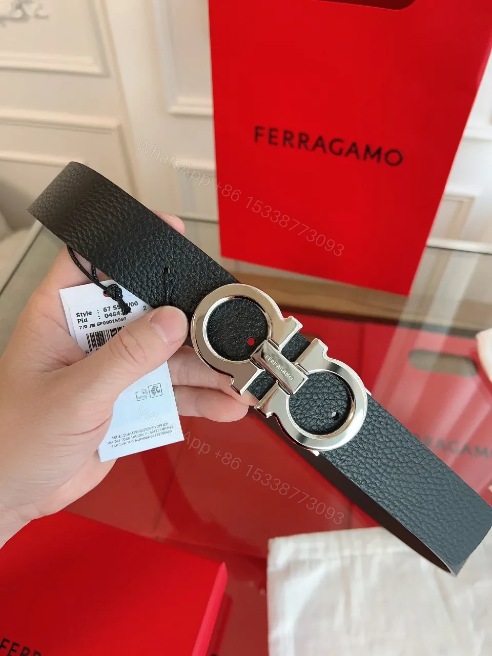 View 4 of Black Leather Belt with Double-Gold Hardware, Modern Architectural Twist