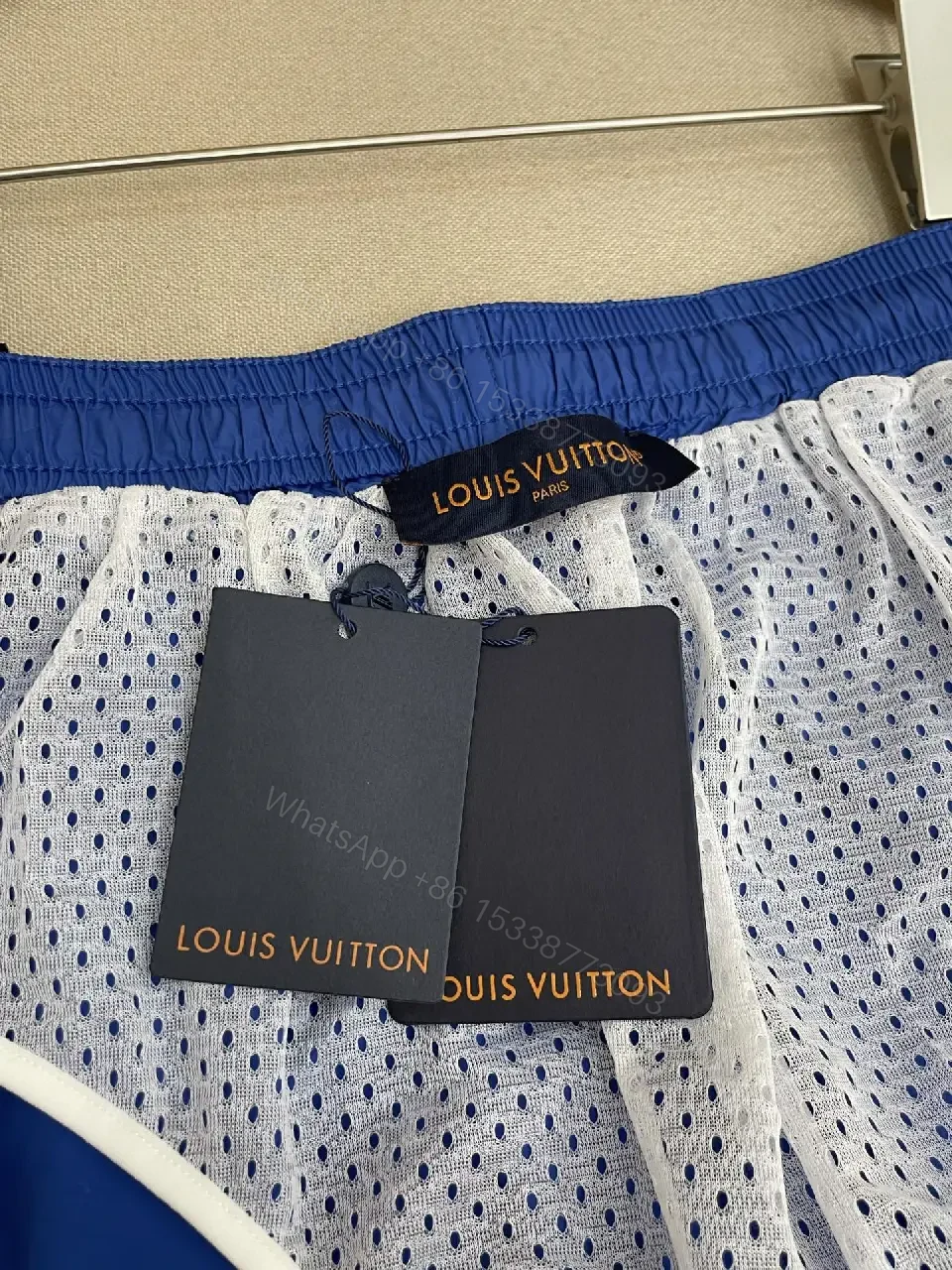 View 8 of Blue Silk-Like Drawstring Shorts, Louis Vuitton Monogram Style, Swim/Active Type