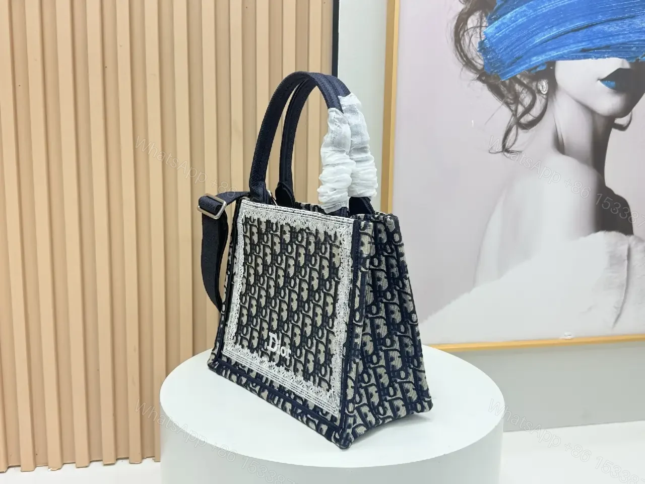 View 5 of Navy Monogram Textile Satchel: Structured Square Bag