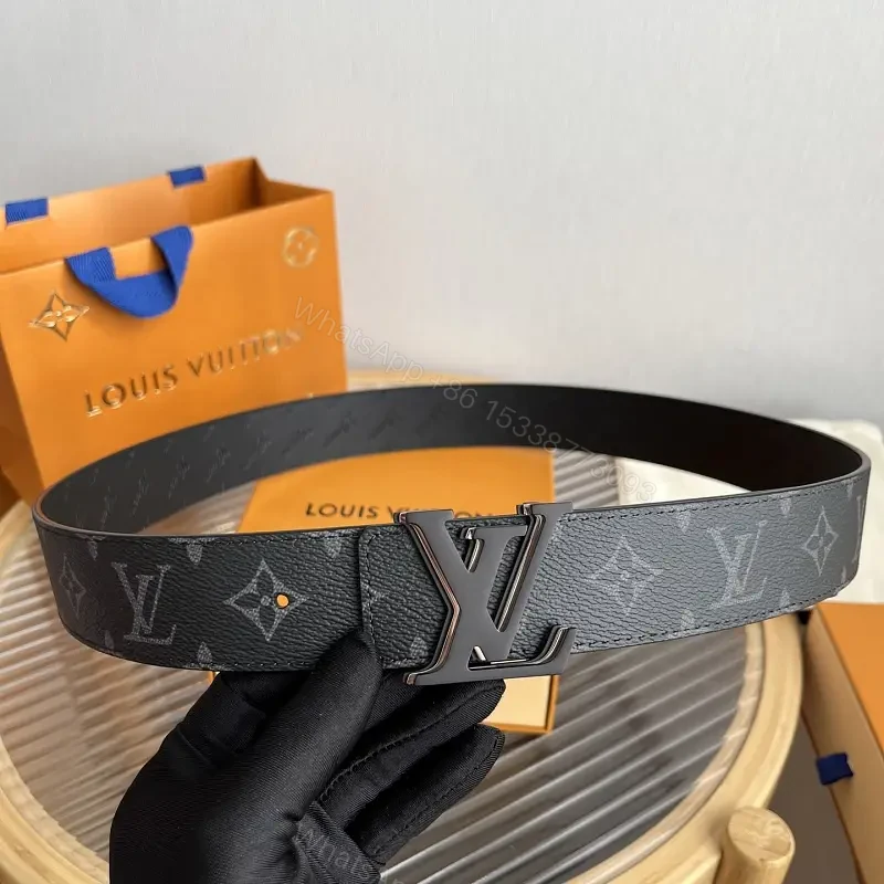 Black Leather Belt Monogram Pattern with Gunmetal LV Buckle — view 1