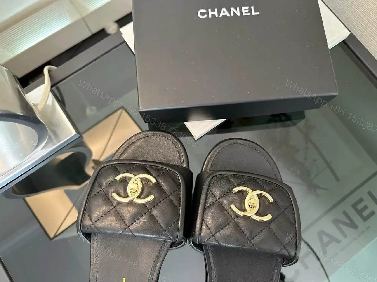 View 4 of Quilted Quinn Slides: Black + Gold Logo, Ultra-Comfort Slide
