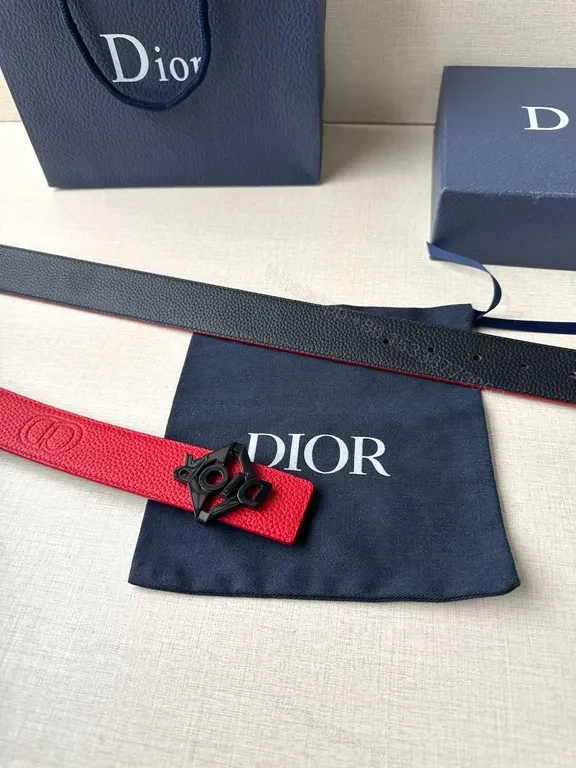 View 2 of Bold Red Leather Belt with Dior Logo Buckle - Statement Luxury Belt