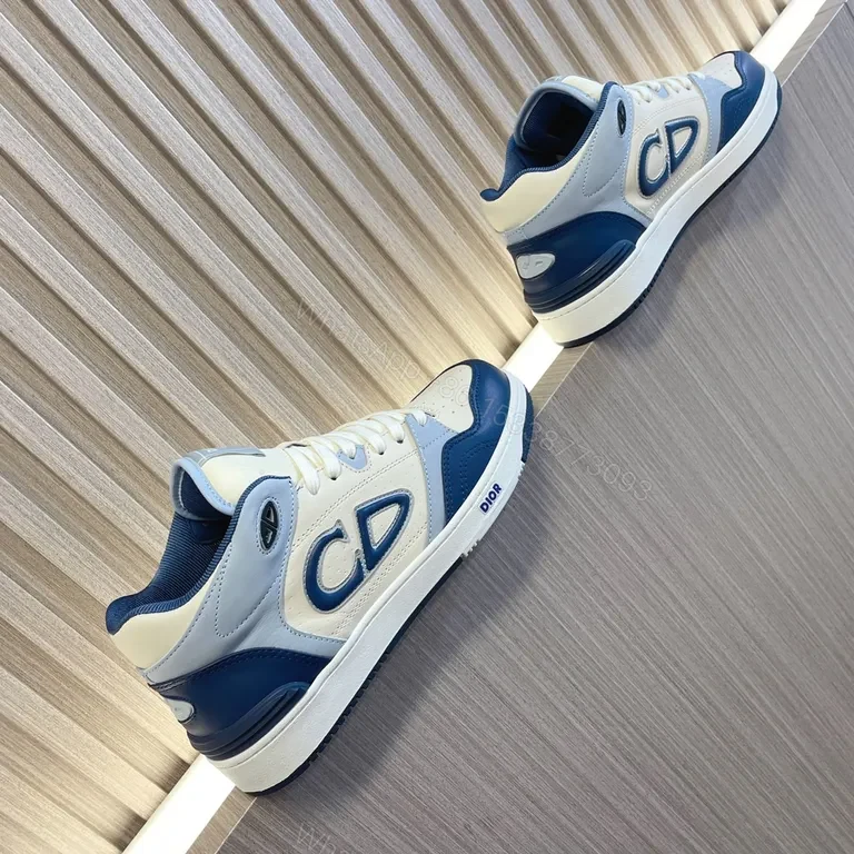 View 3 of Ivory Leather Dior-Inspired High-Top Sneakers with Blue Accents