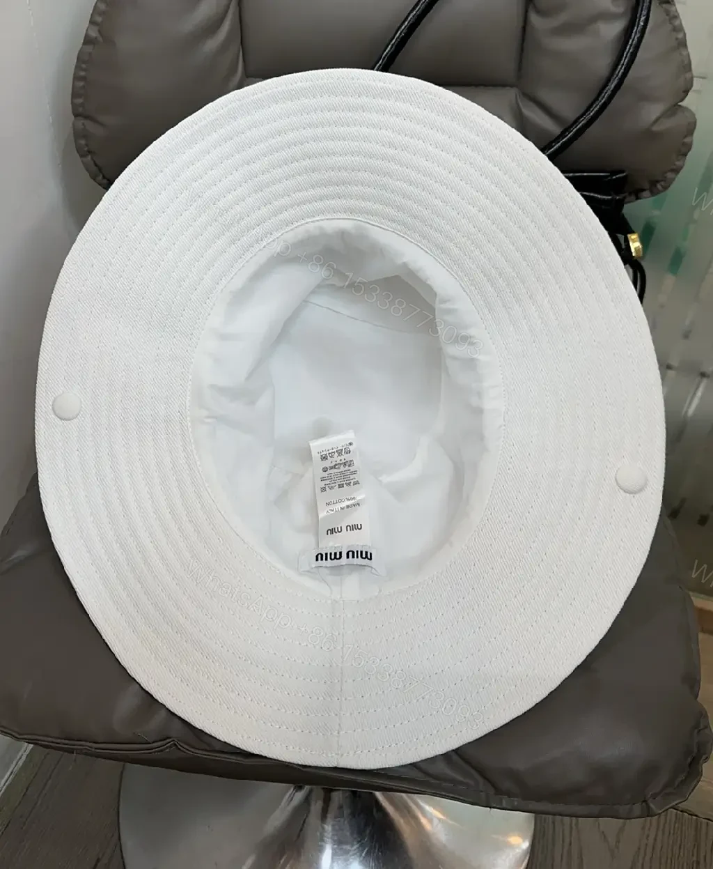 View 2 of White Cotton Wide-Brim Embroidered Logo Hat