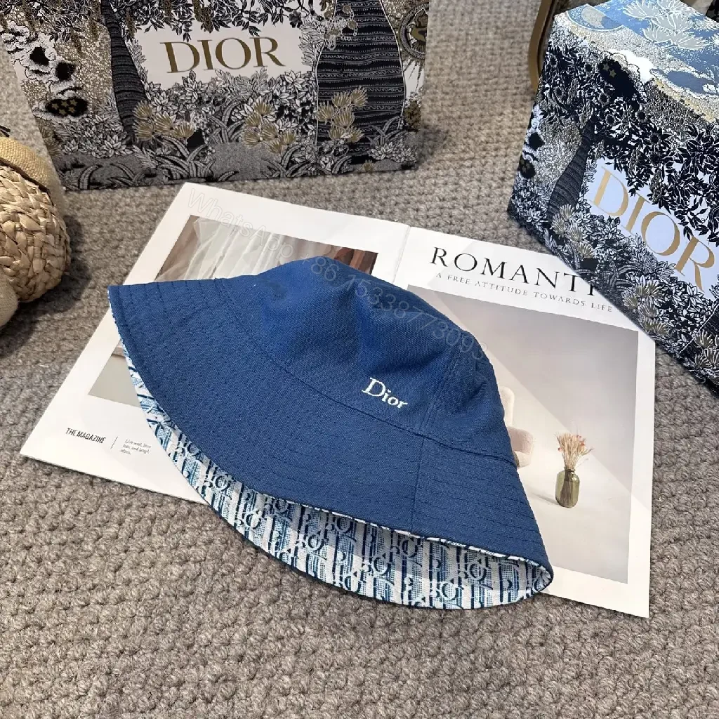View 4 of Denim Blue Bucket Hat Solid Stitching Crown Embroidered Dior Logo