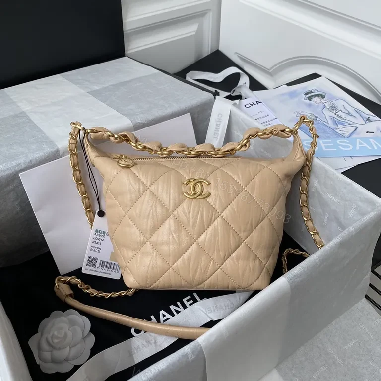 Soft Beige Quilted Convertible Bag with Gold Chain, Leather, Chic Luxury Bag — view 1