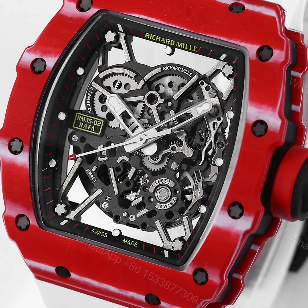 View 7 of ZF Factory Richard Mille RM 35-02 Rafael Nadal Red Carbon Fiber Automatic Watch with White Rubber Strap