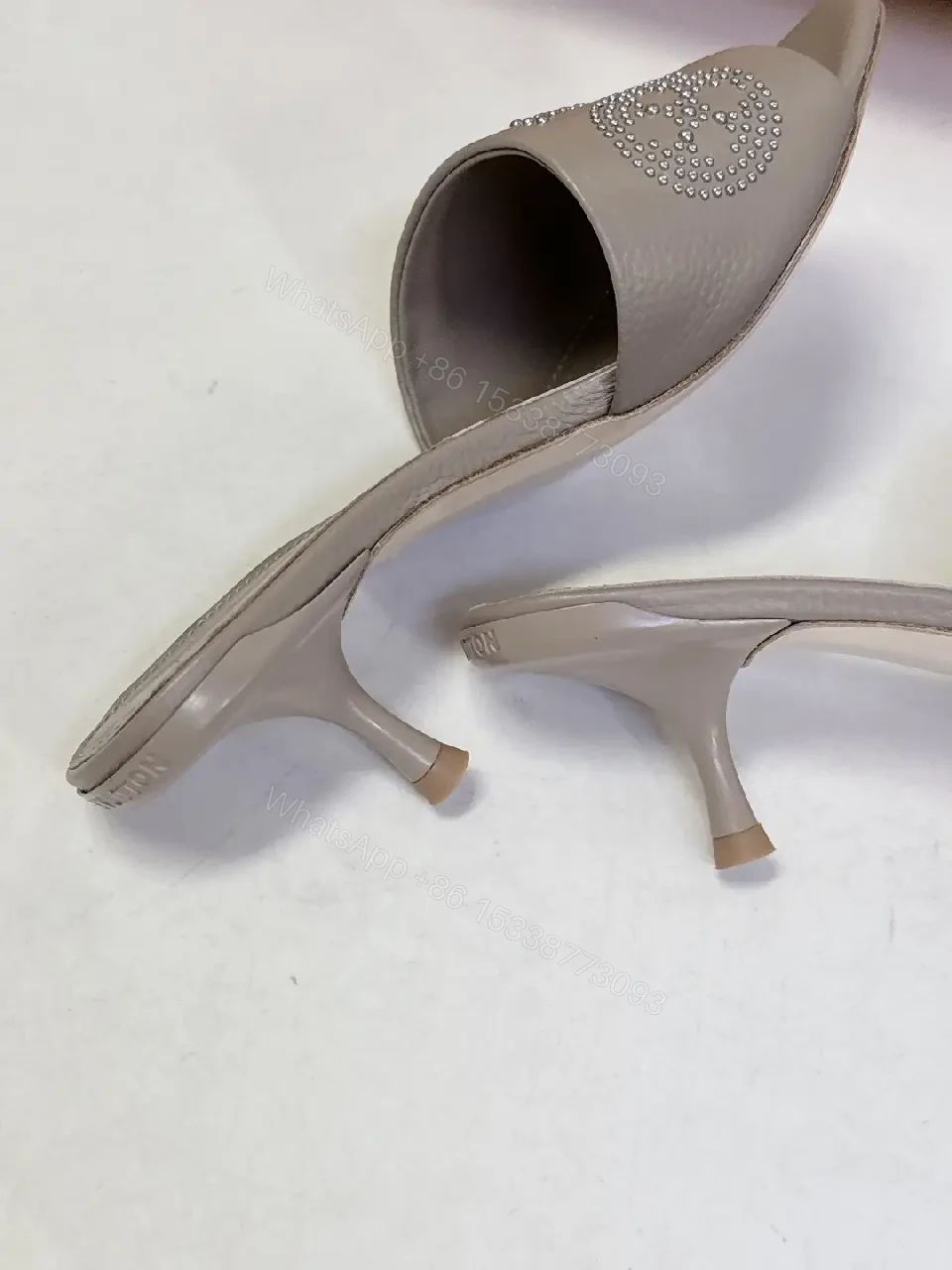 View 7 of Minimalist Taupe Leather Slides with Rhinestone Logo Embellishment
