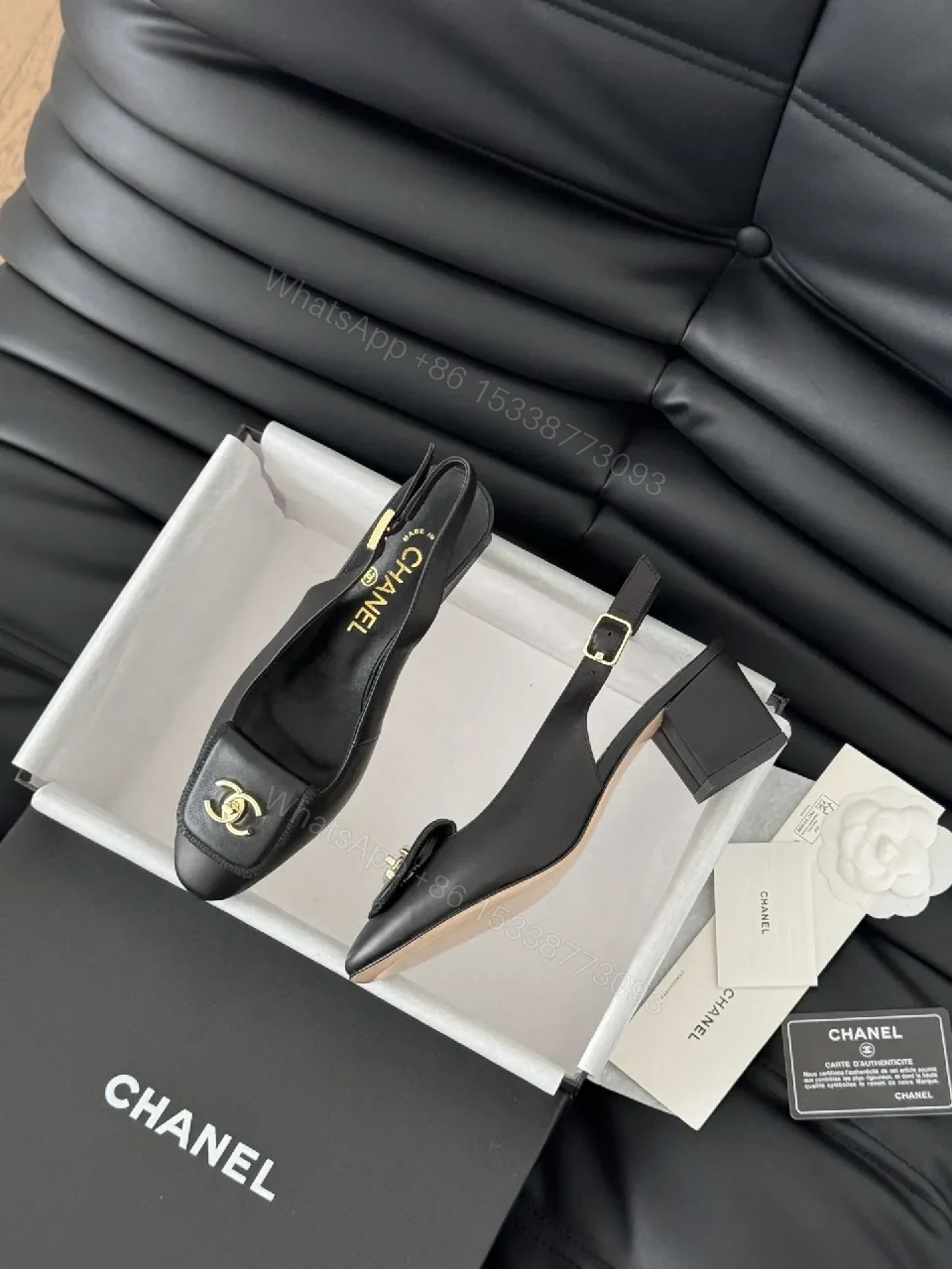 View 5 of Black Leather Slingbacks with Gold Hardware, Luxury-Style Heels