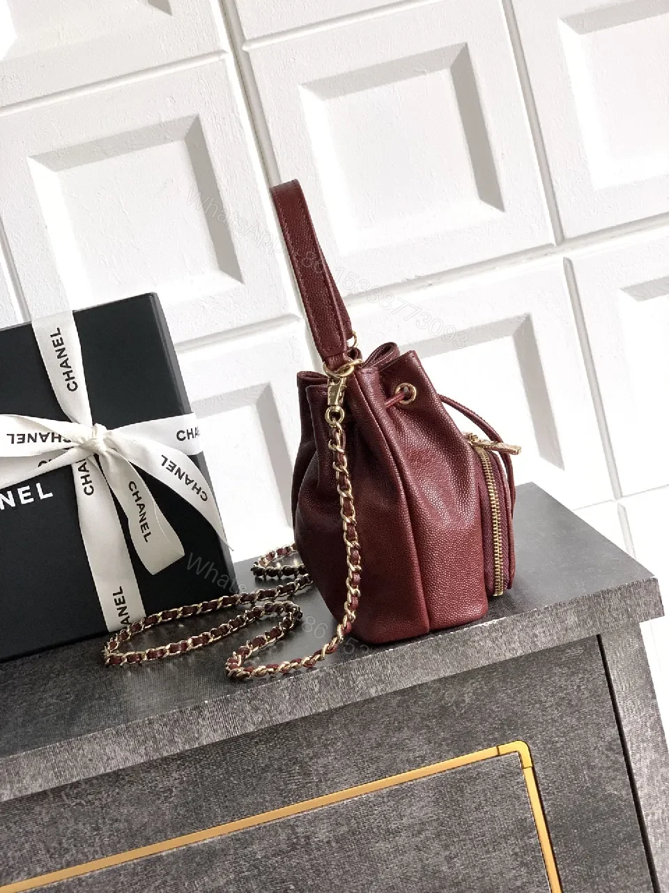 View 2 of Burgundy Quilted Mini Bag with Gold Hardware