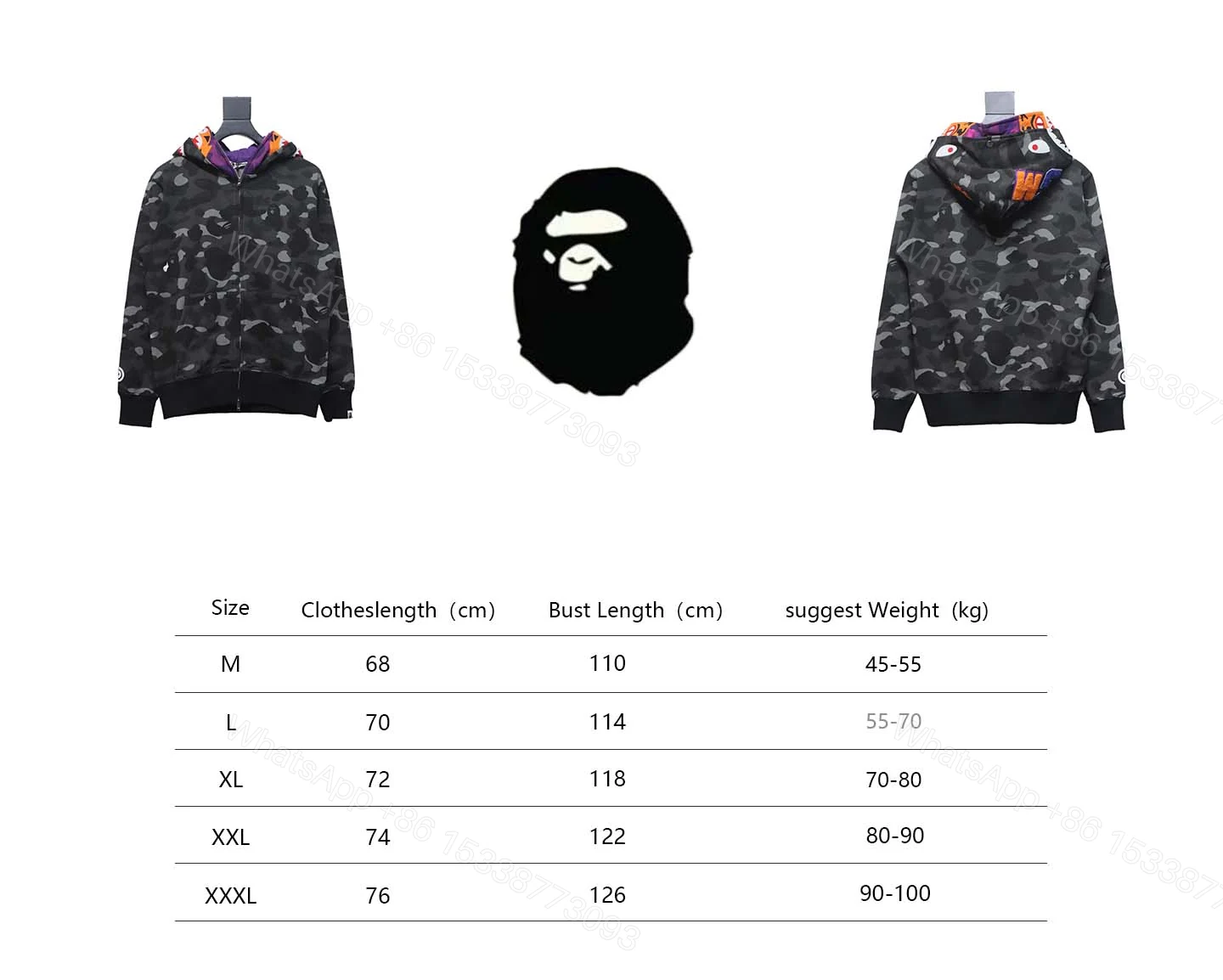 View 5 of BAPE Shark Head Tiger Head Zipper Camo Double Hoodie Dark Gray