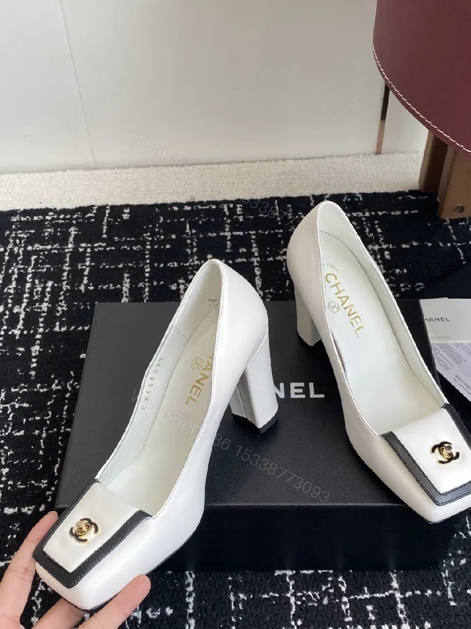 View 9 of White Leather Block-Heel Pumps with Gold Crest Accent
