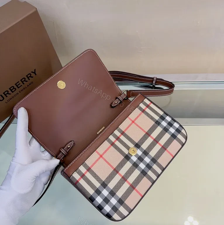View 5 of Chic Burberry-Inspired Leather Crossbody Bag with Checkered Front