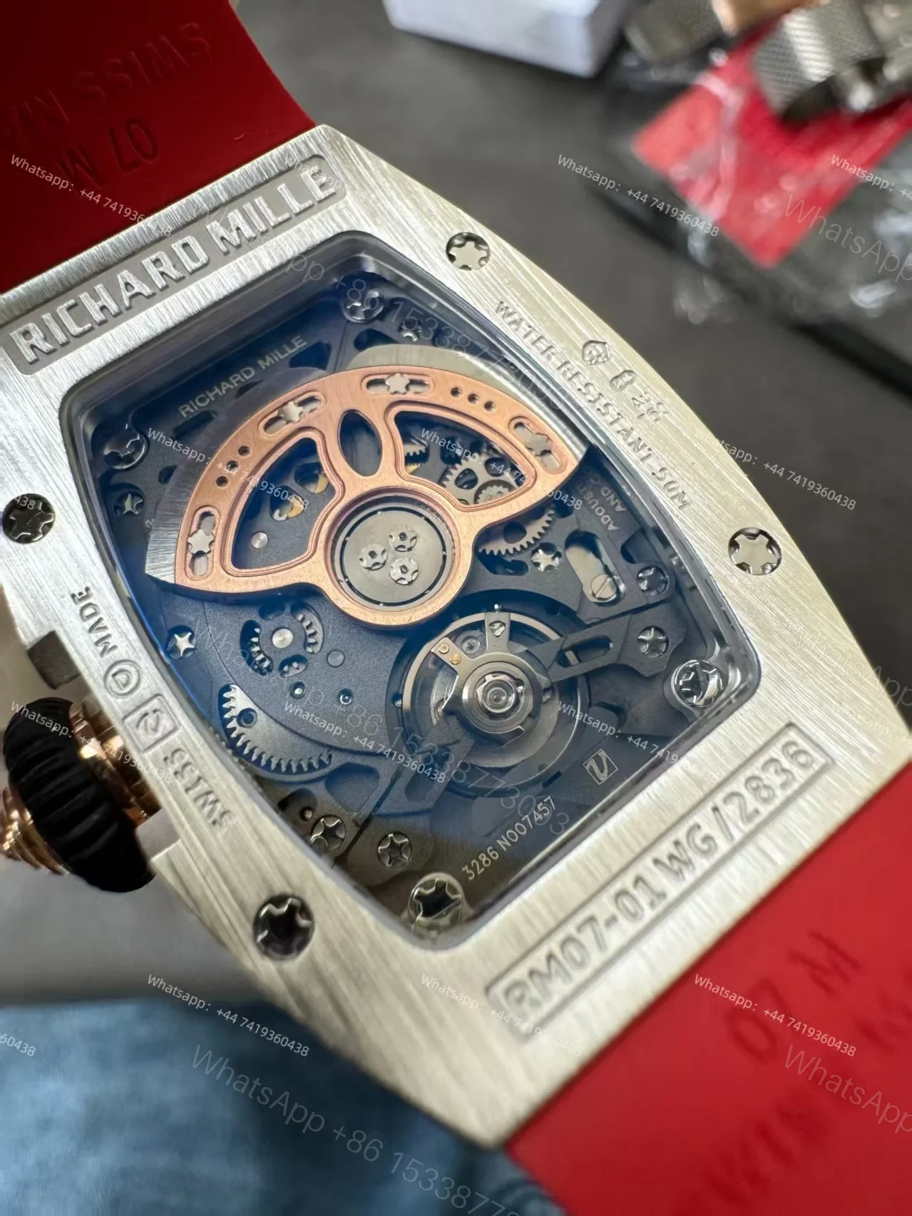 View 10 of Super Clone Richard Mille RM 07 Full Diamond 1:1 Replica Watch with Red Rubber Strap