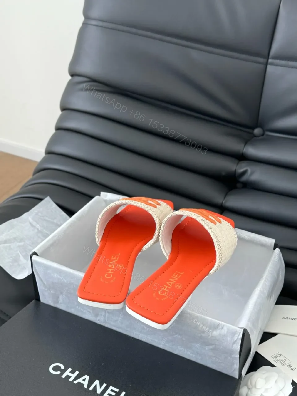 View 9 of Bold Orange-Blocked Chanel-Inspired Slide Sandals