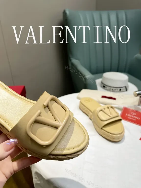 View 2 of Valentino Garavani Slides: Beige Calf Leather, V Logo, Comfort