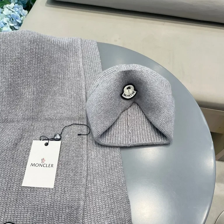 View 4 of Cozy Knit Beanie & Scarf Set â€” Moncler Luxe, Gray, Premium Knit