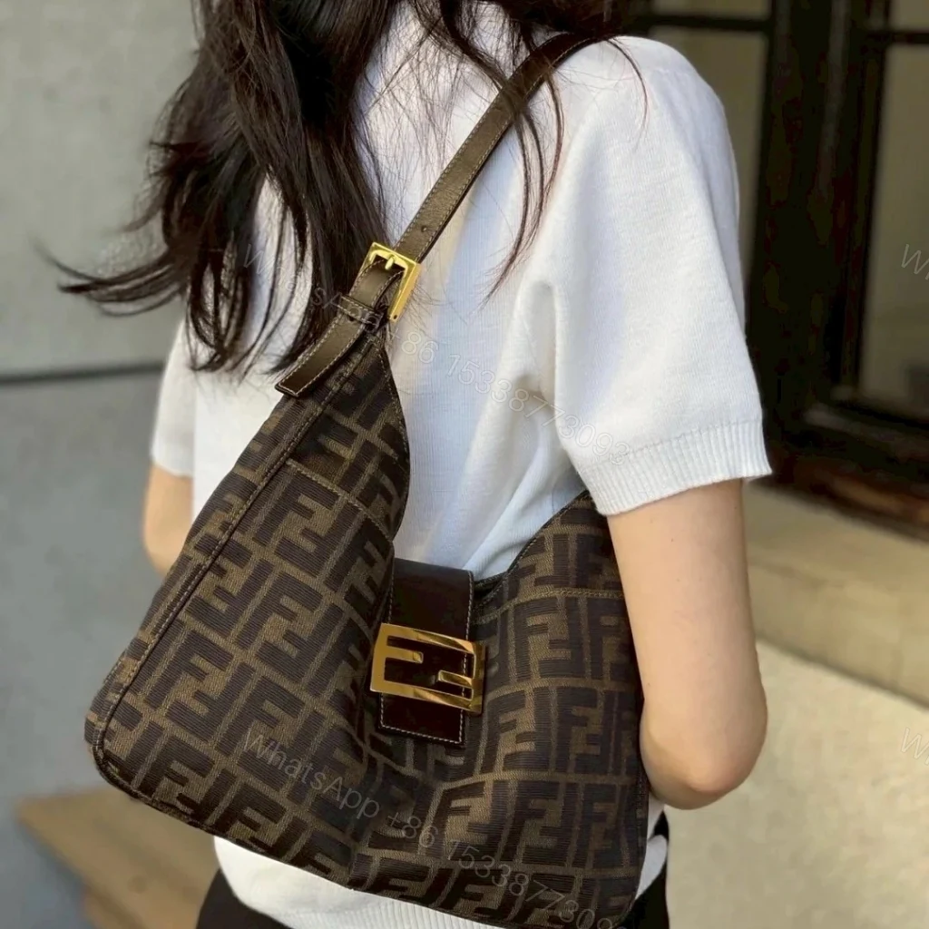 View 7 of Fendi Zucca Baguette Canvas Leather Shoulder Bag Dark Brown 30cm