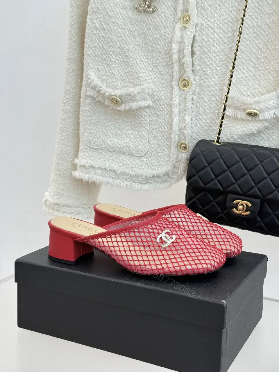 View 8 of Red Mesh Mules Silver CC Logo, Block Heel, Chanel Style Shoes