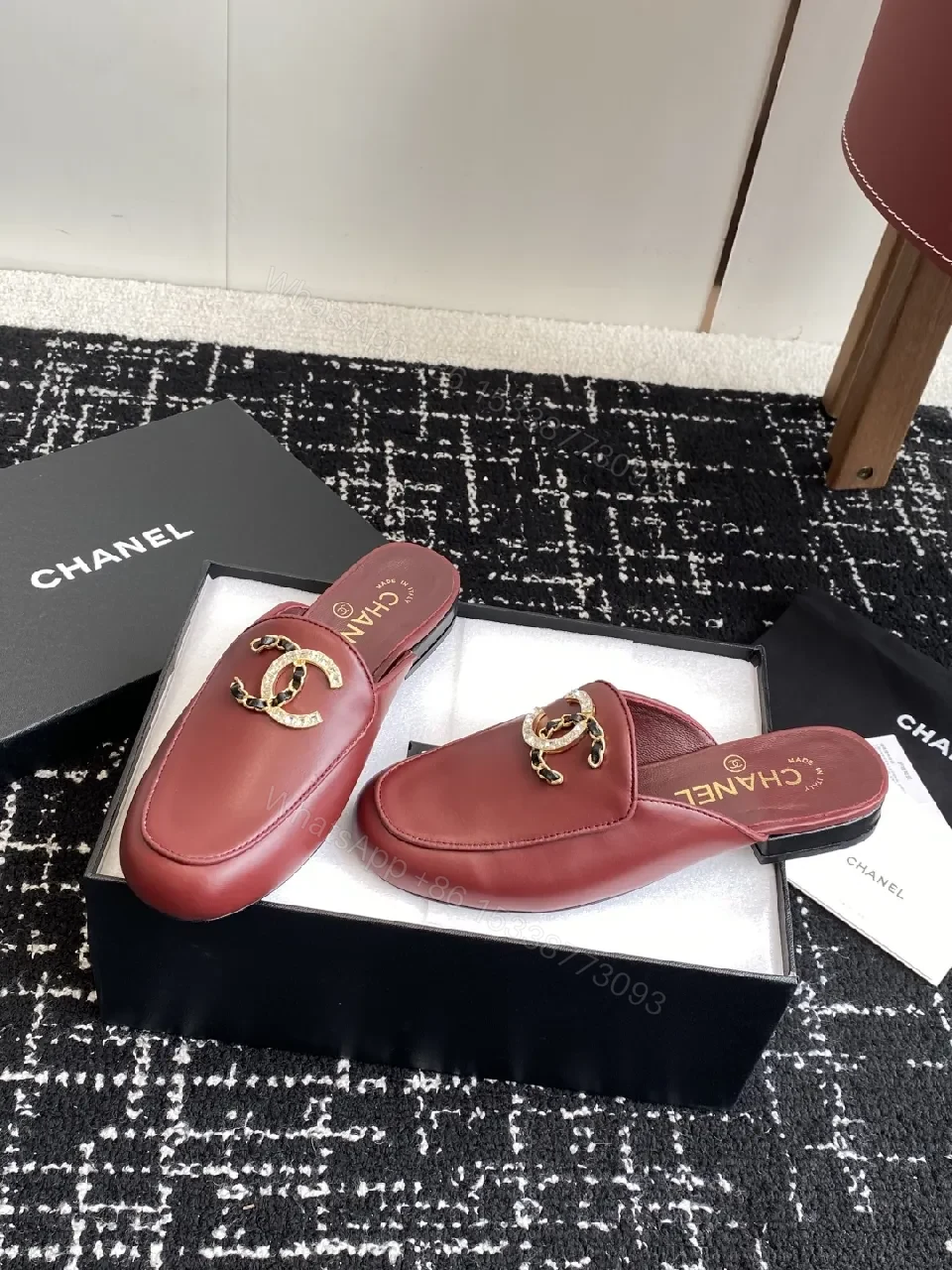 Red Leather Mule, Gold Chain, Slip-On Chic, All-Day Comfort, Mule — view 1