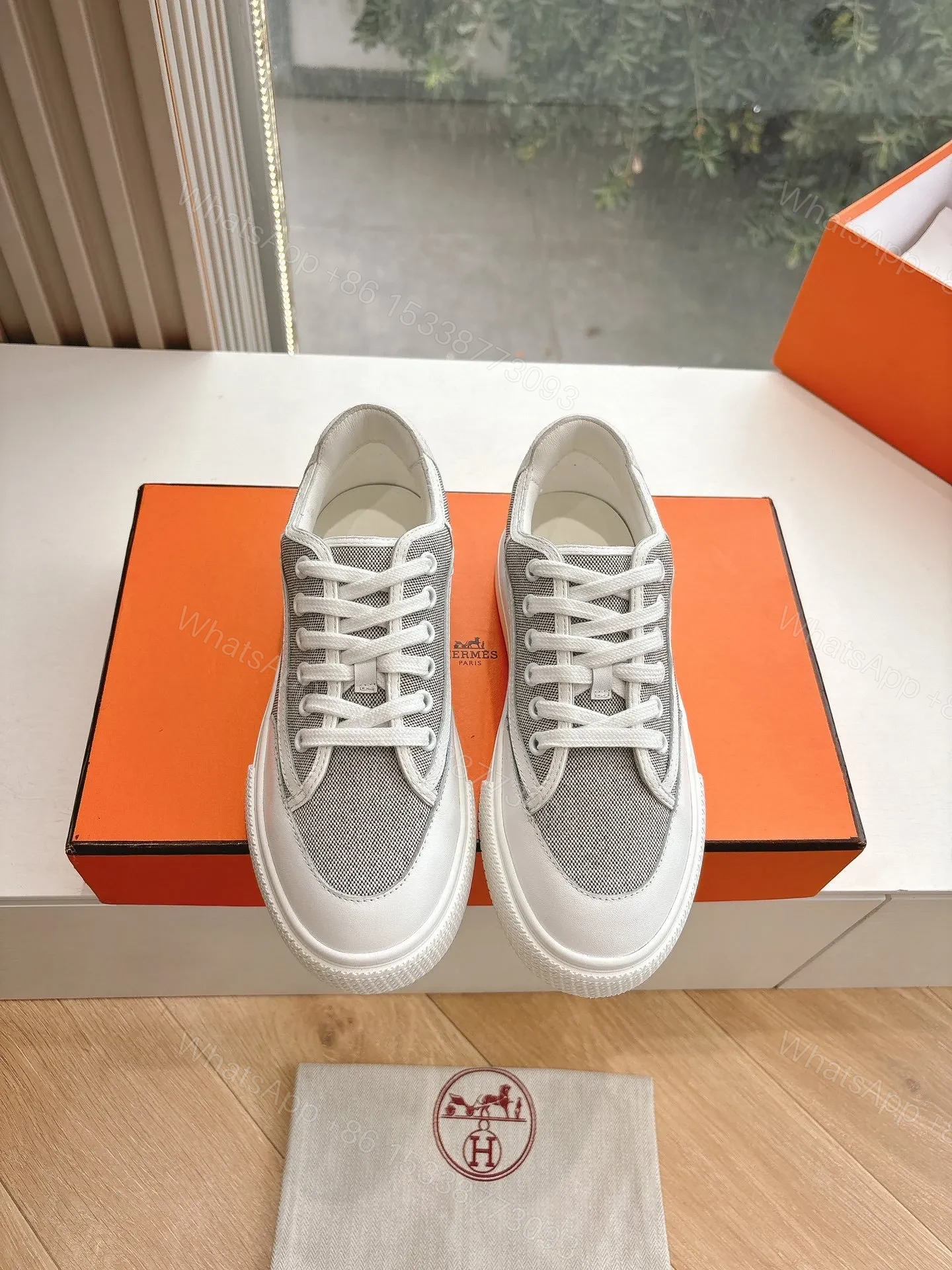View 5 of Hermes Women White Gray Mesh Canvas Sneakers