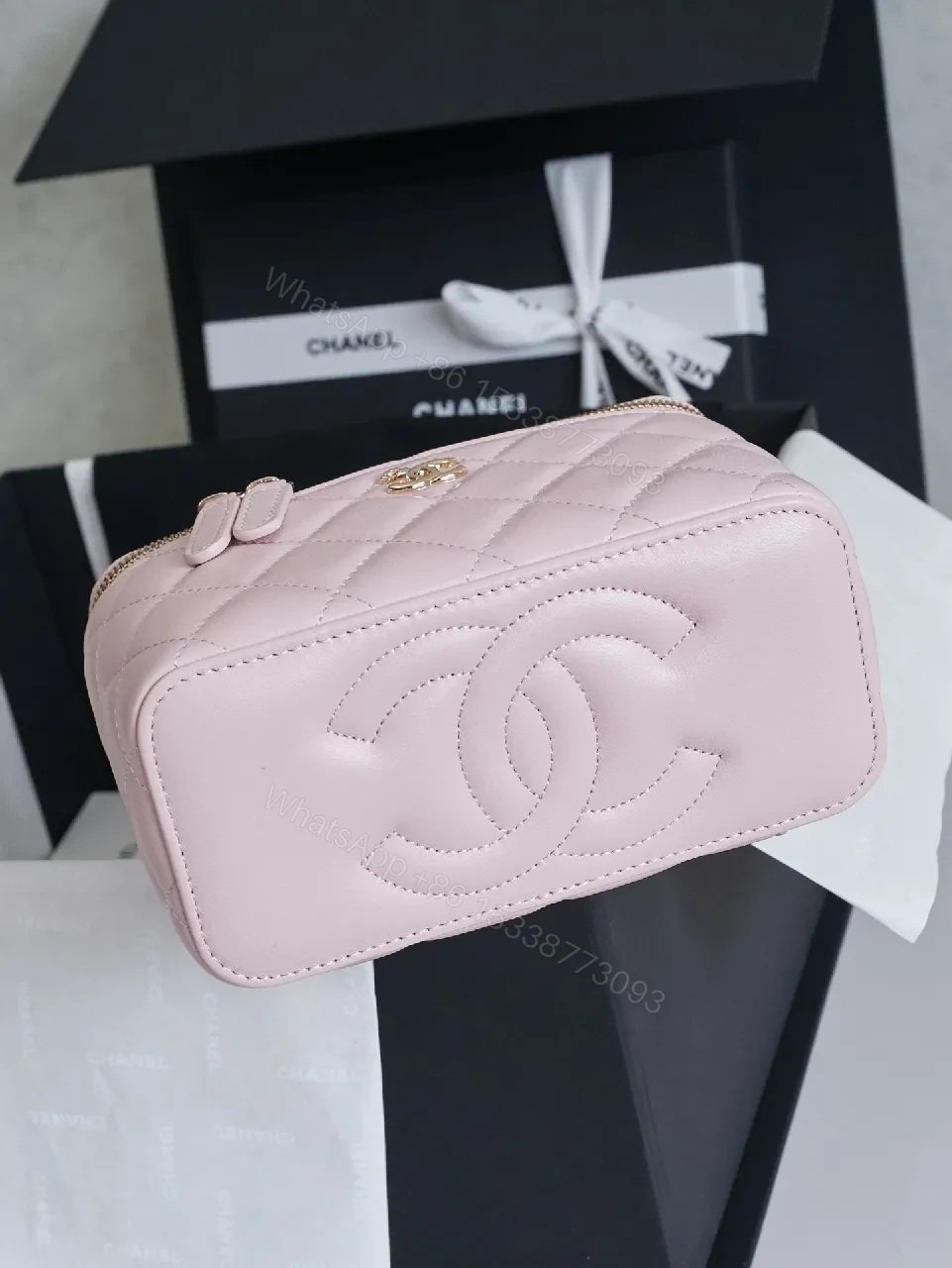 View 4 of Pastel Pink Quilted Mini Bag with Gold Hardware