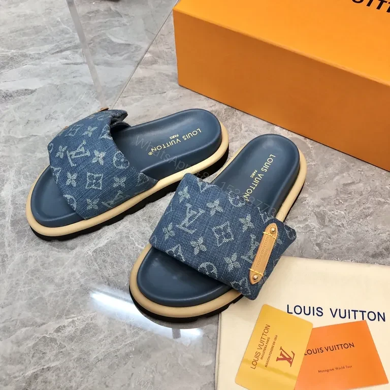 View 9 of Denim Monogram Slides: Luxe Comfort for Summer Style