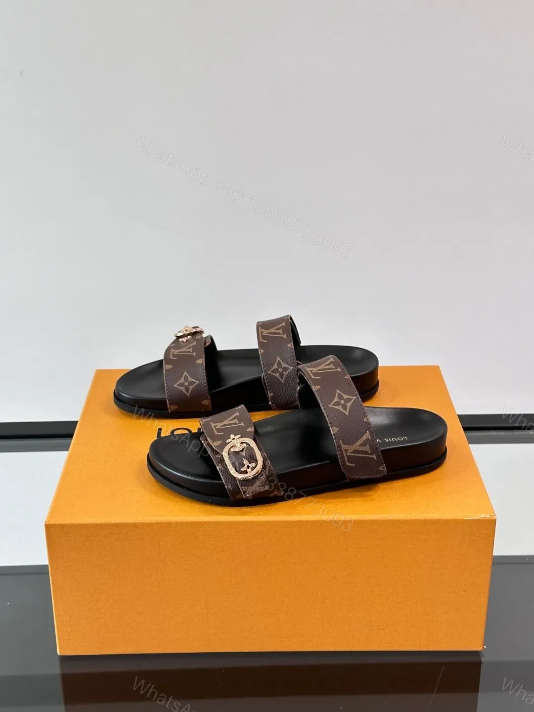 View 3 of LV Men Brown Leather Logo Print Sandals