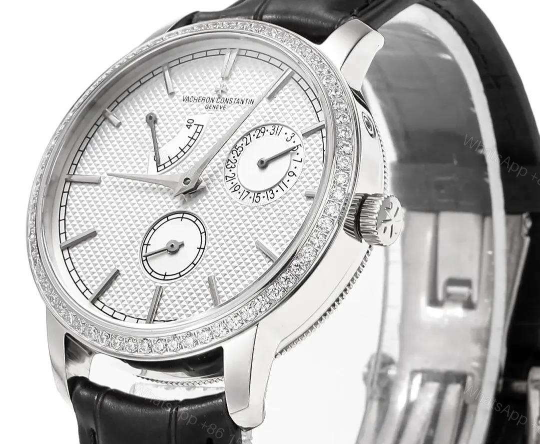 View 8 of 8F Factory Vacheron Constantin Traditionnelle Mechanical Watch 83520/000R-9909 – Silver Dial, Black Leather Strap, 40mm Case, Automatic Movement with Power Reserve, Day, Date, and Small Seconds Display