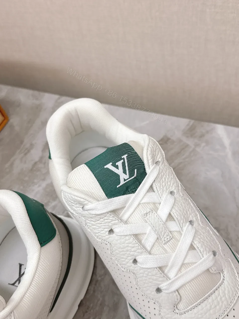 View 5 of White Leather Sneaker with Green Accents: Modern Luxury Comfort