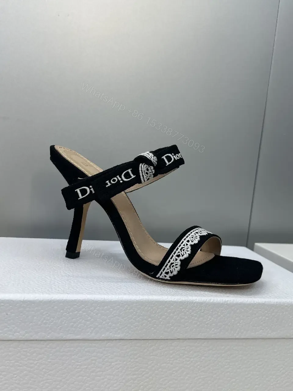 View 2 of Black Patent Lace-Trim Sandals with Dior Band, Open-Toe Heels